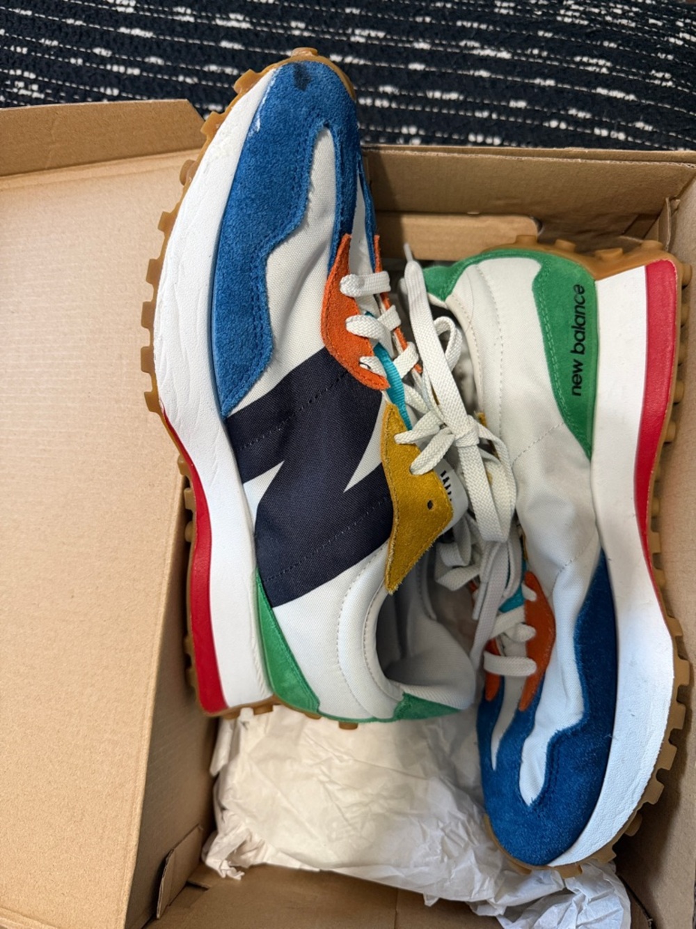 New Balance Mens 327 White, Blue, Green, Red & Orange Multi-Color Sneakers